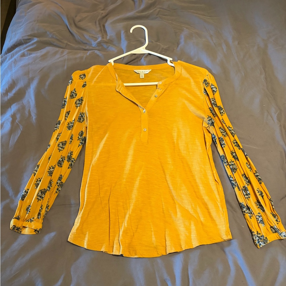 Lucky Brand Mustard Henley Top with Floral Raglan Sleeves
